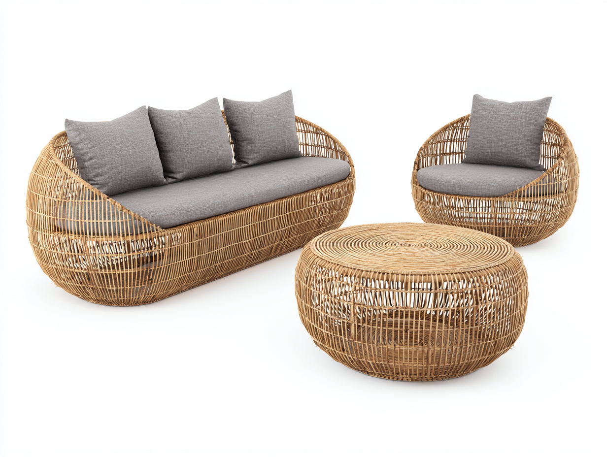 Gartensofa Set Rattanoptik 260x210x76 cm - Natur-Grau - modernes Design mit rundem Couchtisch