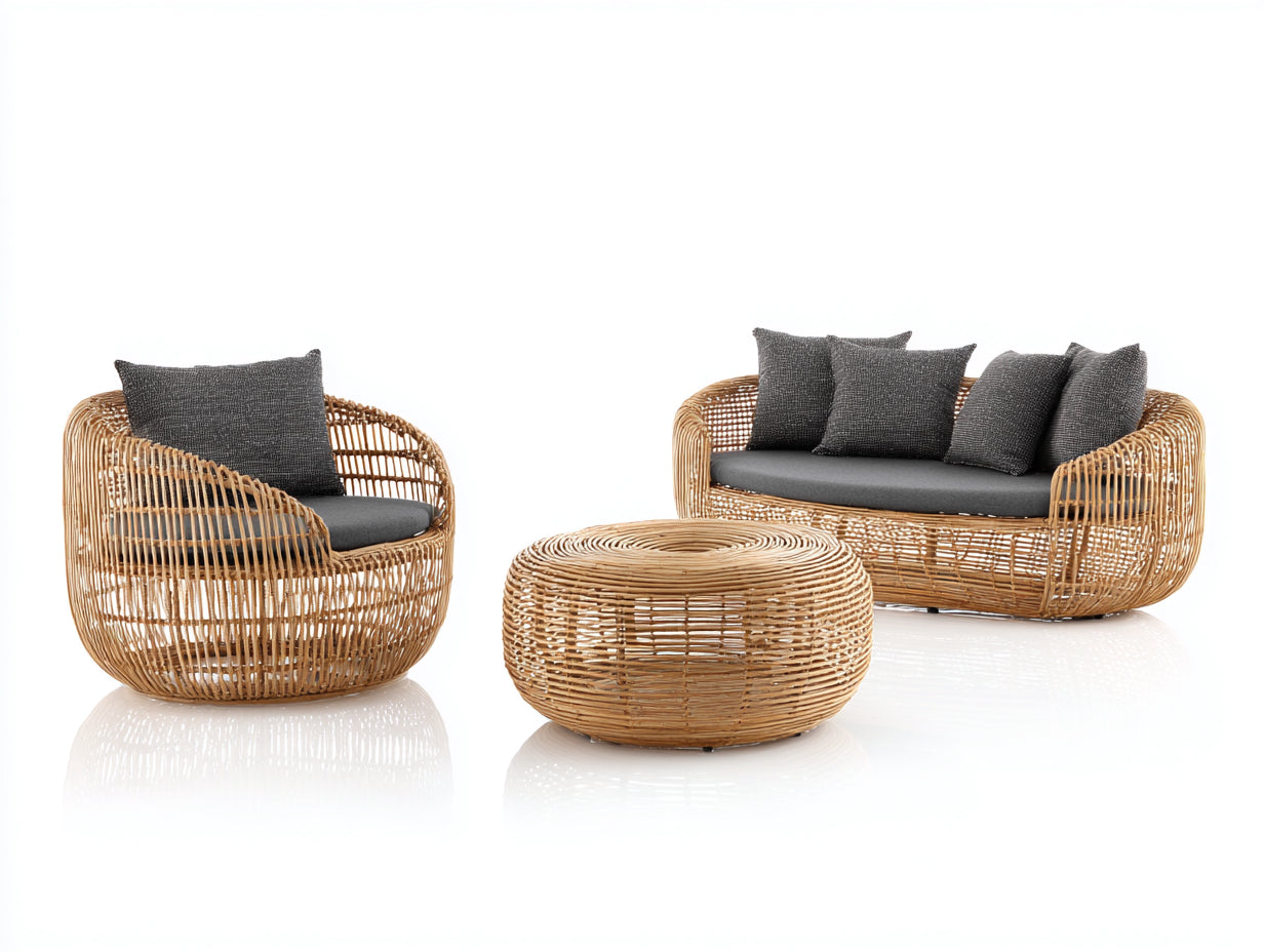 Gartensofa Rattan Set 185x82x76 cm - Naturfarben-Grau - modernes Lounge-Design
