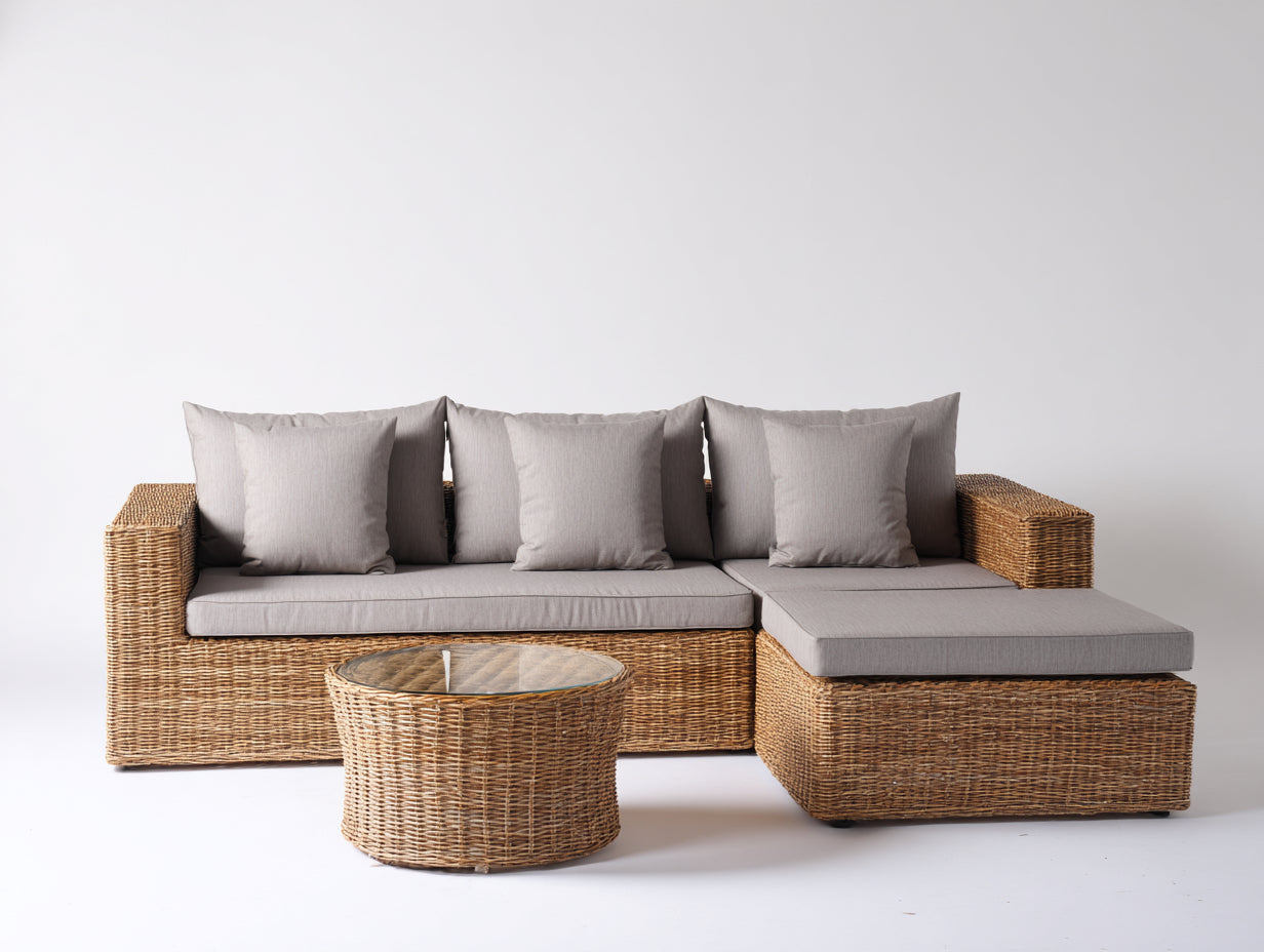 Gartensofa Polyrattan 250x180x78 cm Natur Grau - Lounge Set mit Tisch