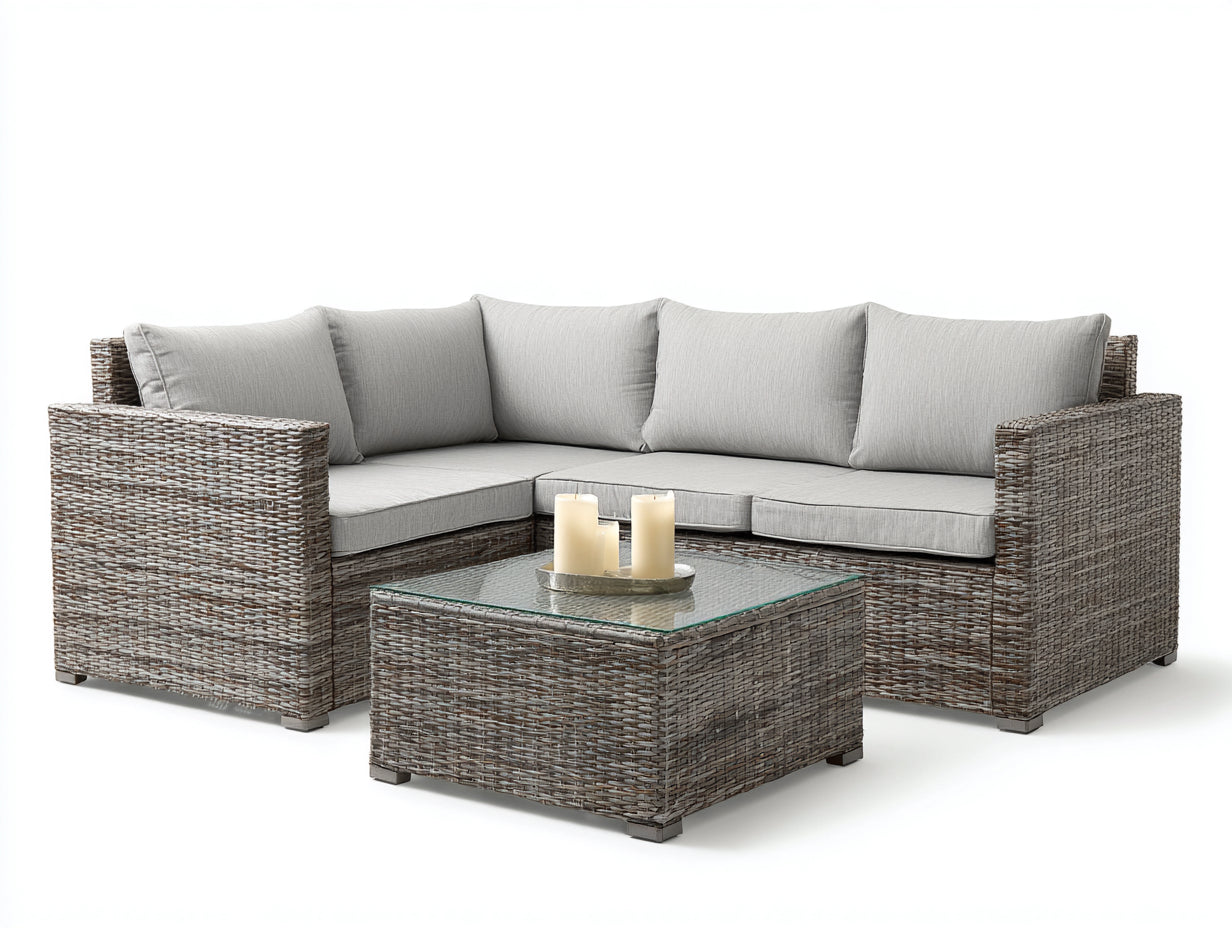 Gartensofa Polyrattan 220x170x78 cm Grau-Hellgrau - modernes Ecksofa Set mit Tisch für Garten