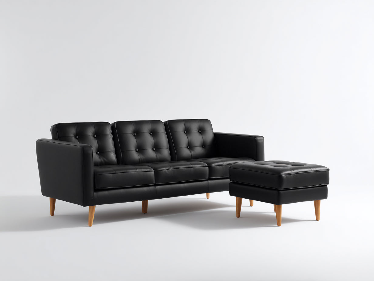 Ecksofa Kunstleder 230x150x83 cm Schwarz - modernes Sofa mit Hocker für Wohnzimmer