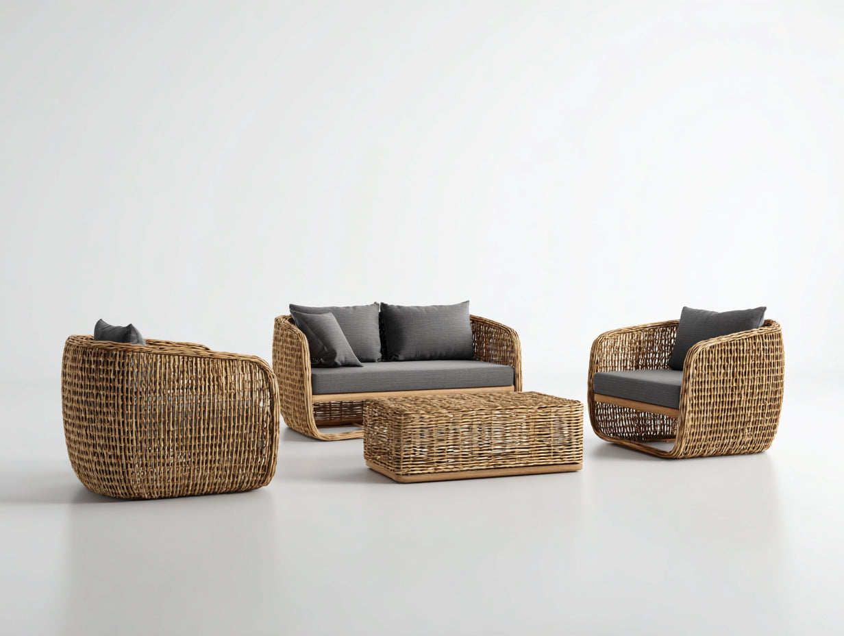 Gartensofa Set Rattanoptik 260x210x75 cm - Natur-Grau - modernes Design mit Couchtisch