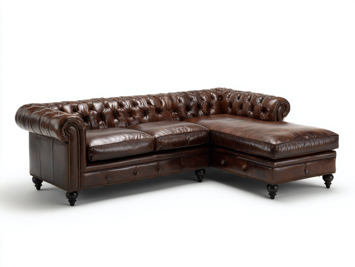 Ecksofa Lederoptik 285x185x78 cm - Dunkelbraun - Chesterfield Stil mit Ottomane
