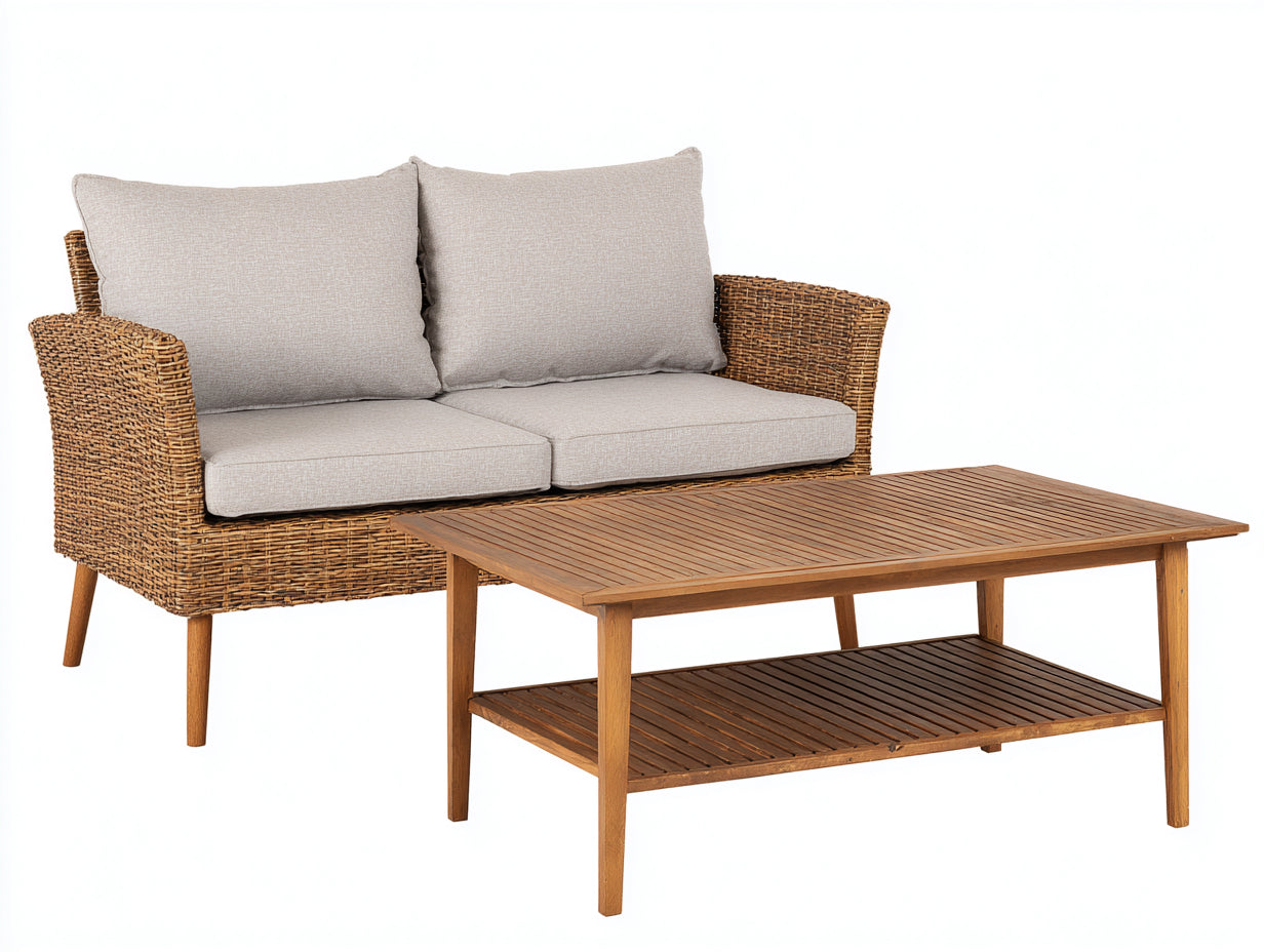 Gartensofa Rattangeflecht und Holz 180x75x82 cm Natur-Beige - modernes Sofa Set mit Tisch für Garten