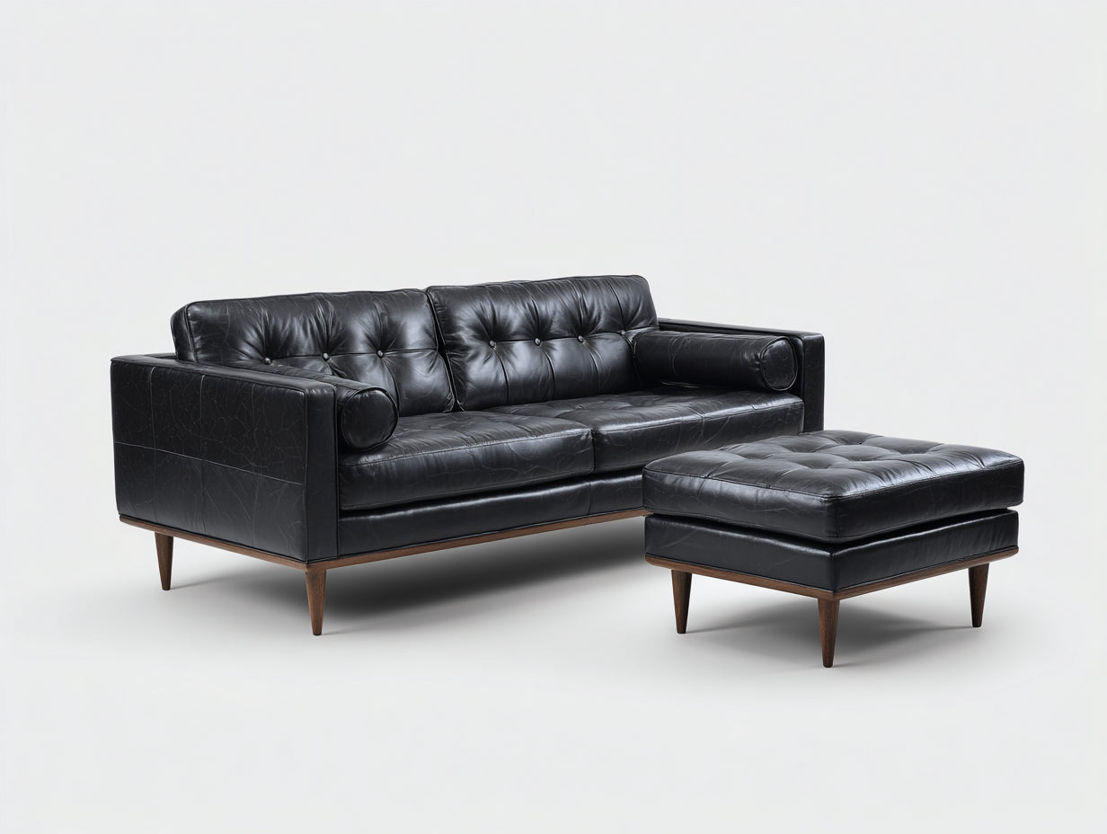 Gerades Sofa Kunstleder mit Hocker 185x85x82 cm - Schwarz - modernes Design