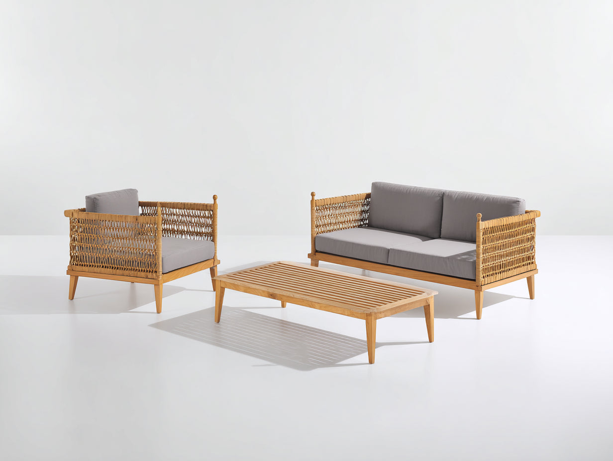 Gartensofa Set Rattan Holz 168x78x76 cm - Naturfarben-Grau - modernes Outdoor-Design