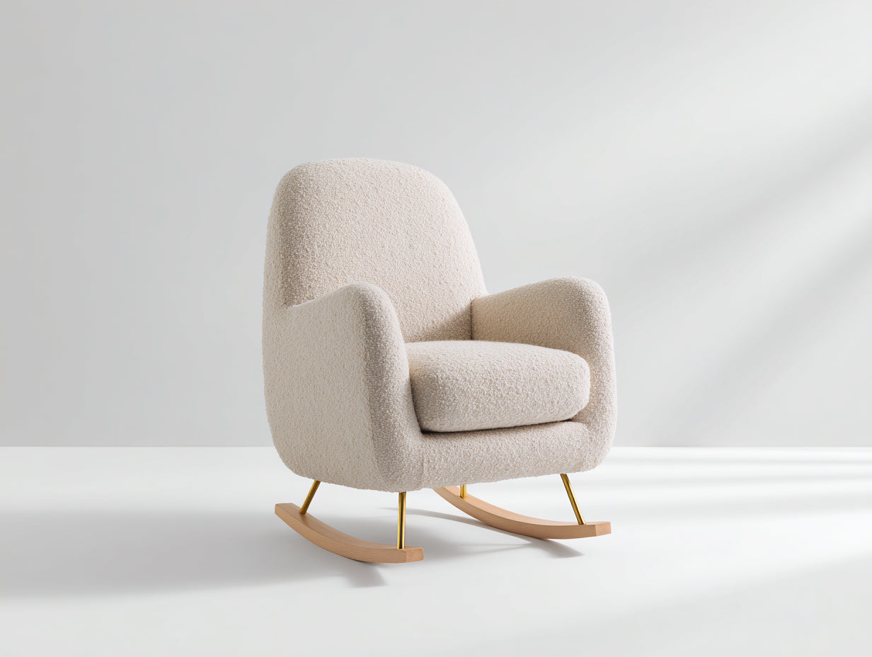 Schaukelstühle Bouclé Stoff 74x81x95 cm creme für Wohnzimmer - mit Holzschaukelfüßen und Metallstreben
