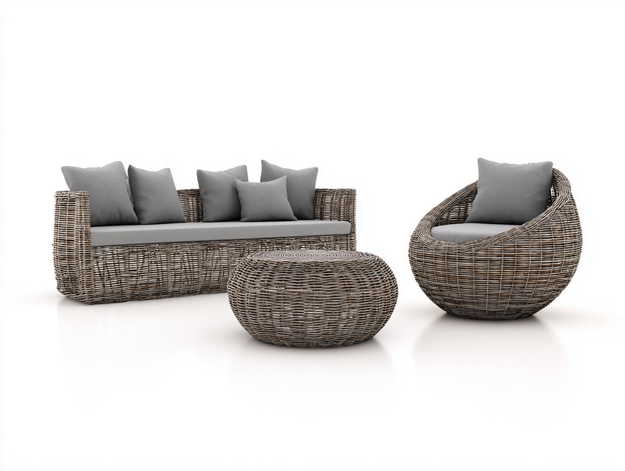 Gartensofa Polyrattan 220x85x78 cm Naturgrau Grau - Lounge Set mit Sessel und Tisch