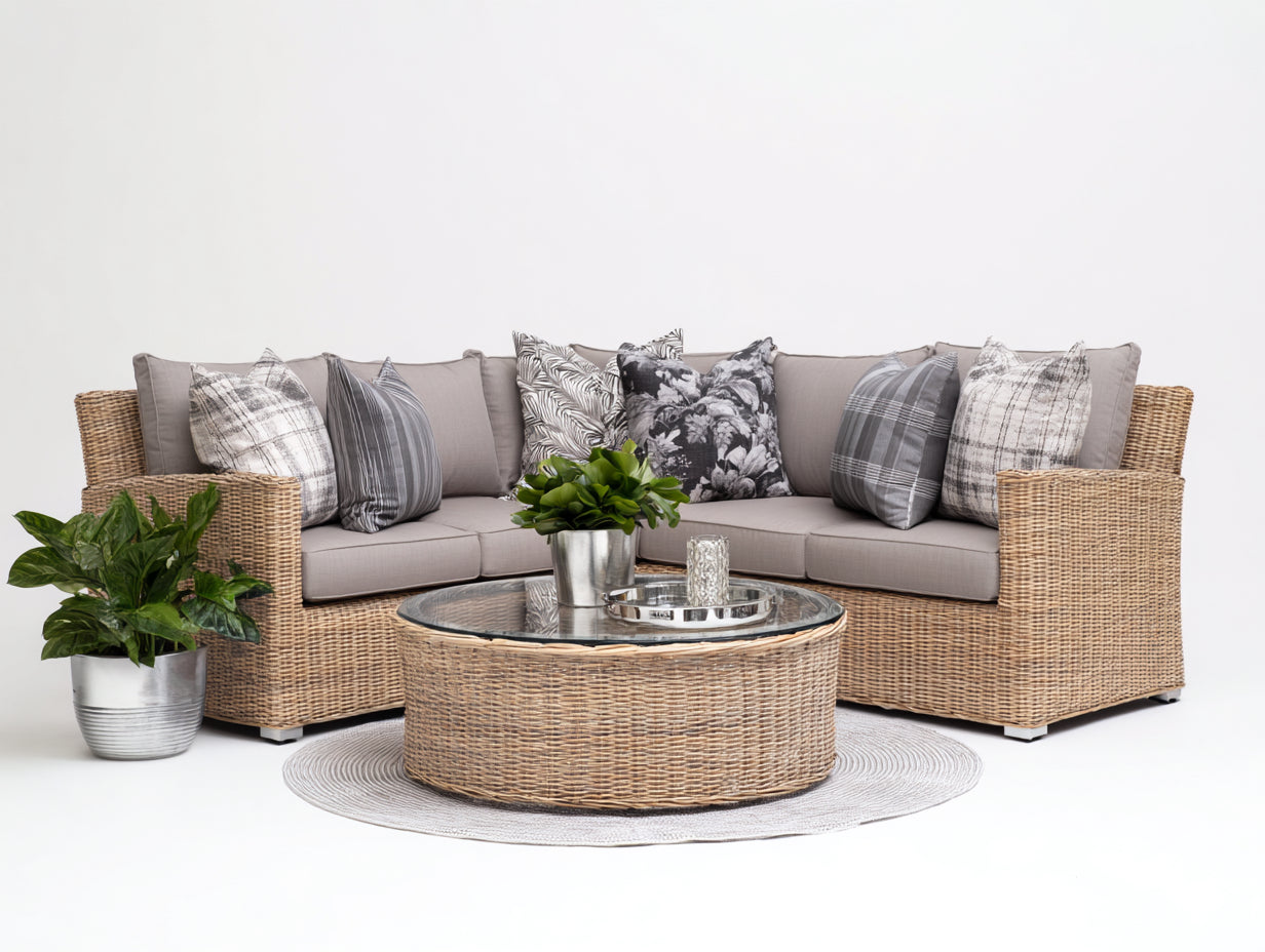 Gartensofa Polyrattan 255x255x78 cm natur-grau für Garten - Eckform mit rundem Couchtisch