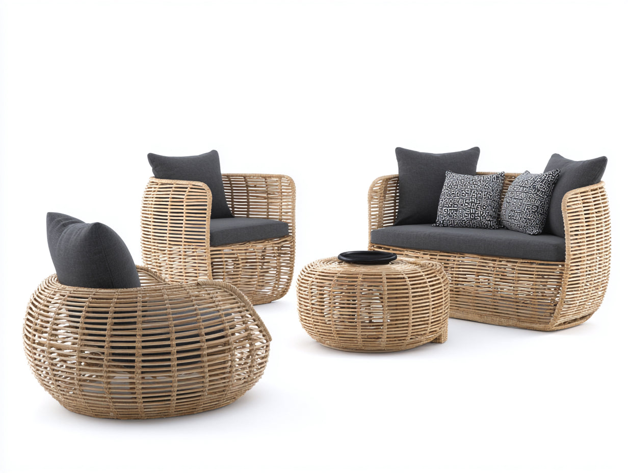 Gartensofa Set Rattanoptik 270x220x76 cm - Natur-Grau - modernes Design mit rundem Couchtisch