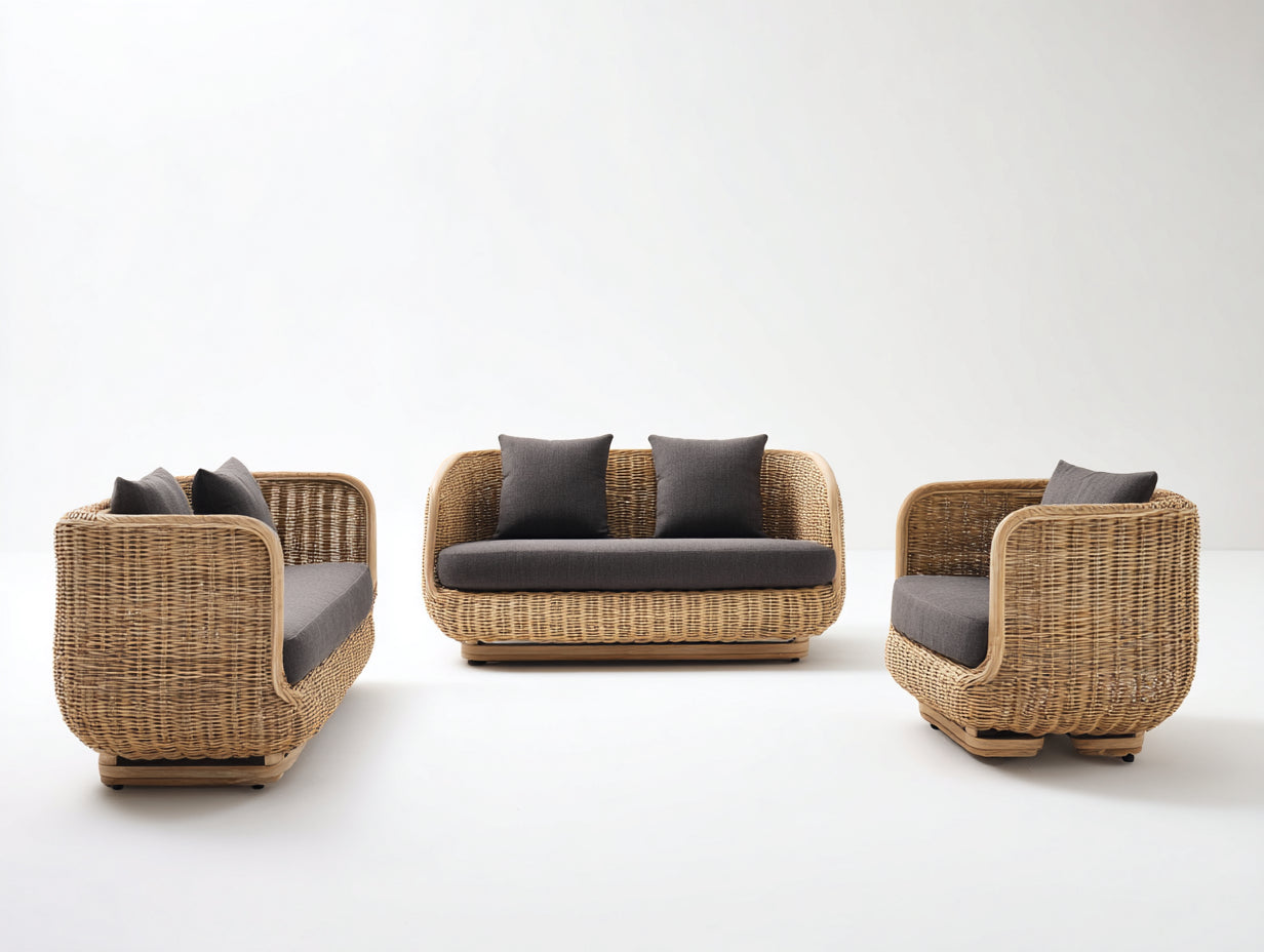 Gartensofa Rattan Set 210x82x78 cm - Naturfarben-Grau - modernes Gartendesign